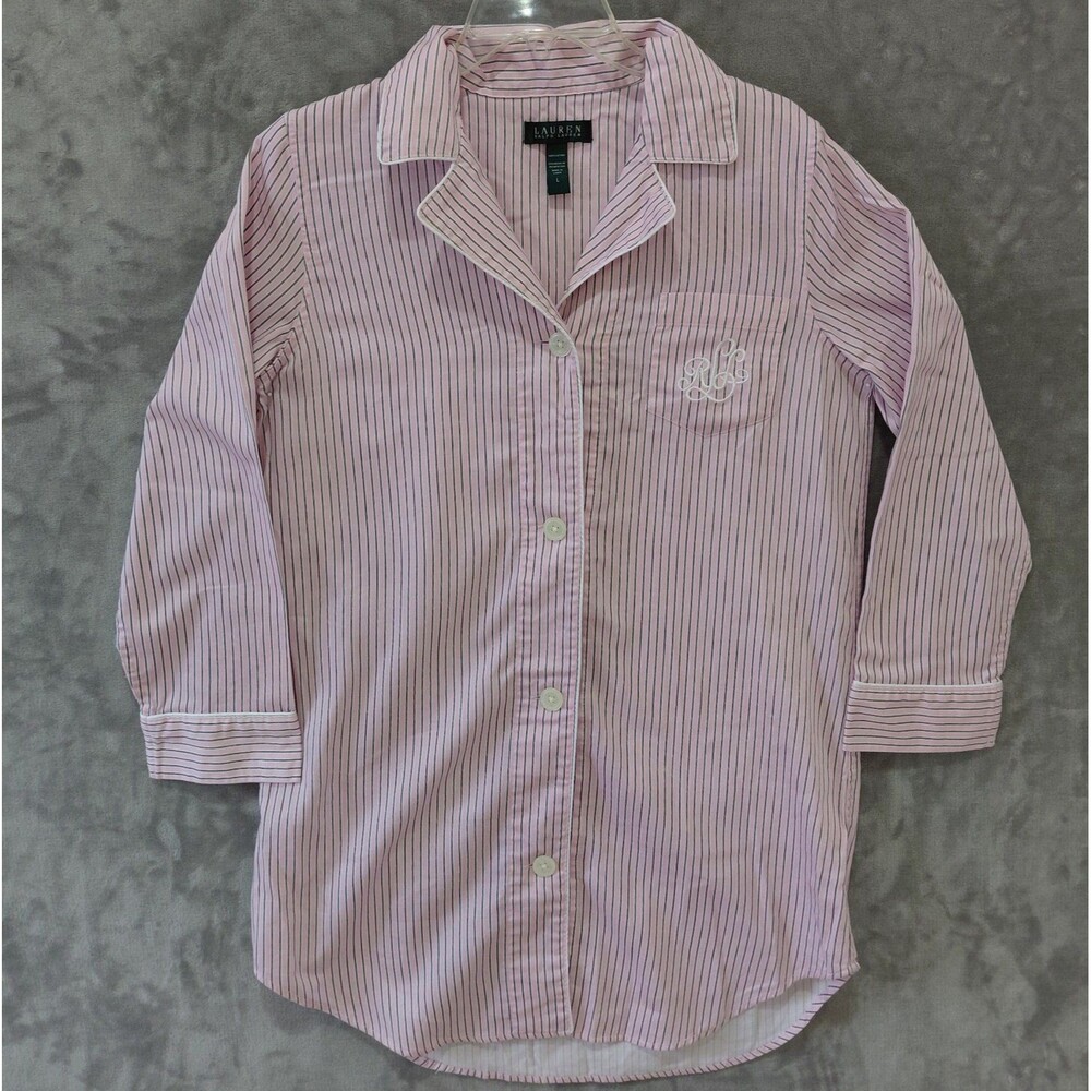 Lauren Ralph Lauren Sleepshirt Women's Large Pink Gray Stripes Monogram Cotton - Picture 2 of 8